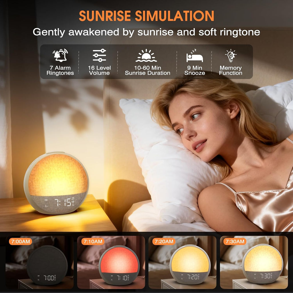 Sunrise Alarm Clock, White Noise Sound Machine with 30 Soothing Sounds, Dimmable Night Light, Natural Sunlight Lamp Gentle Wake Up Light…