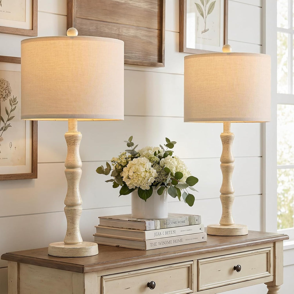 BOBOMOMO 25" Farmhouse Bedside Lamps Set of 2, Vintage Nightstand Lamps with Antique White Resin Base & Linen Shade, Standard Table Lamps…