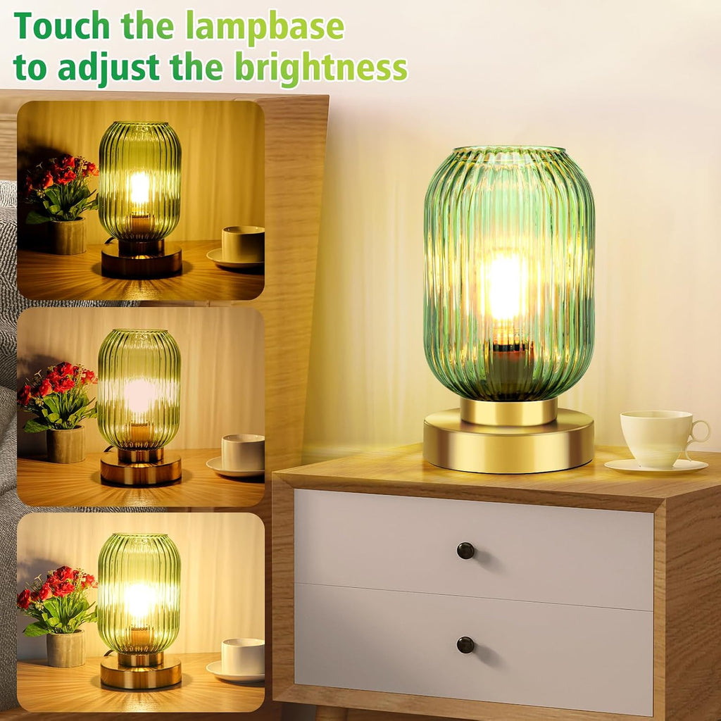 Mid Century Modern Table Lamp, Touch Control & 3 Way Dimmable, Green Ribbed Glass Shade, Small Gold, Vintage Bedside Lamp for Bedroom…