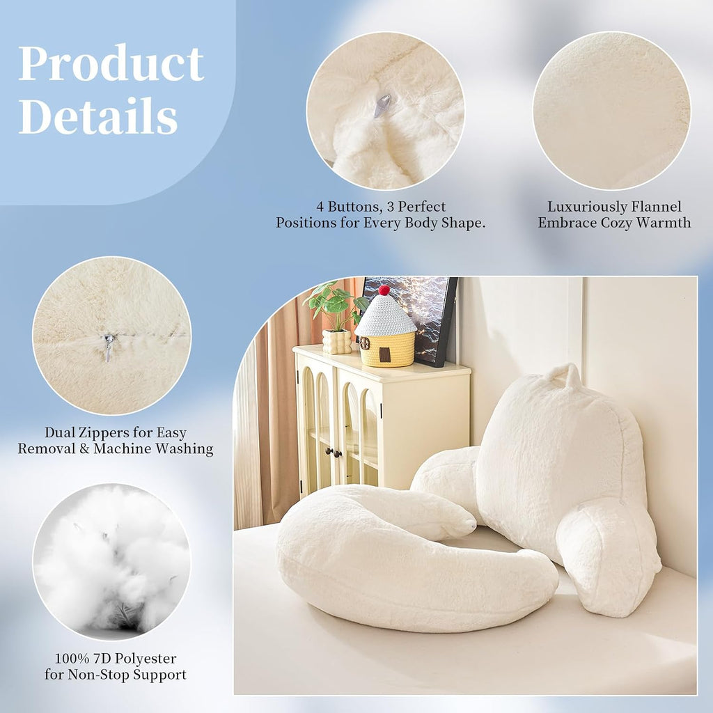 19" Faux Fur Reading Pillow for Bed, U Shaped Support Cushion with Lumbar & Arms, Luxurious Soft Backrest for Gaming, Lounging, Watching…