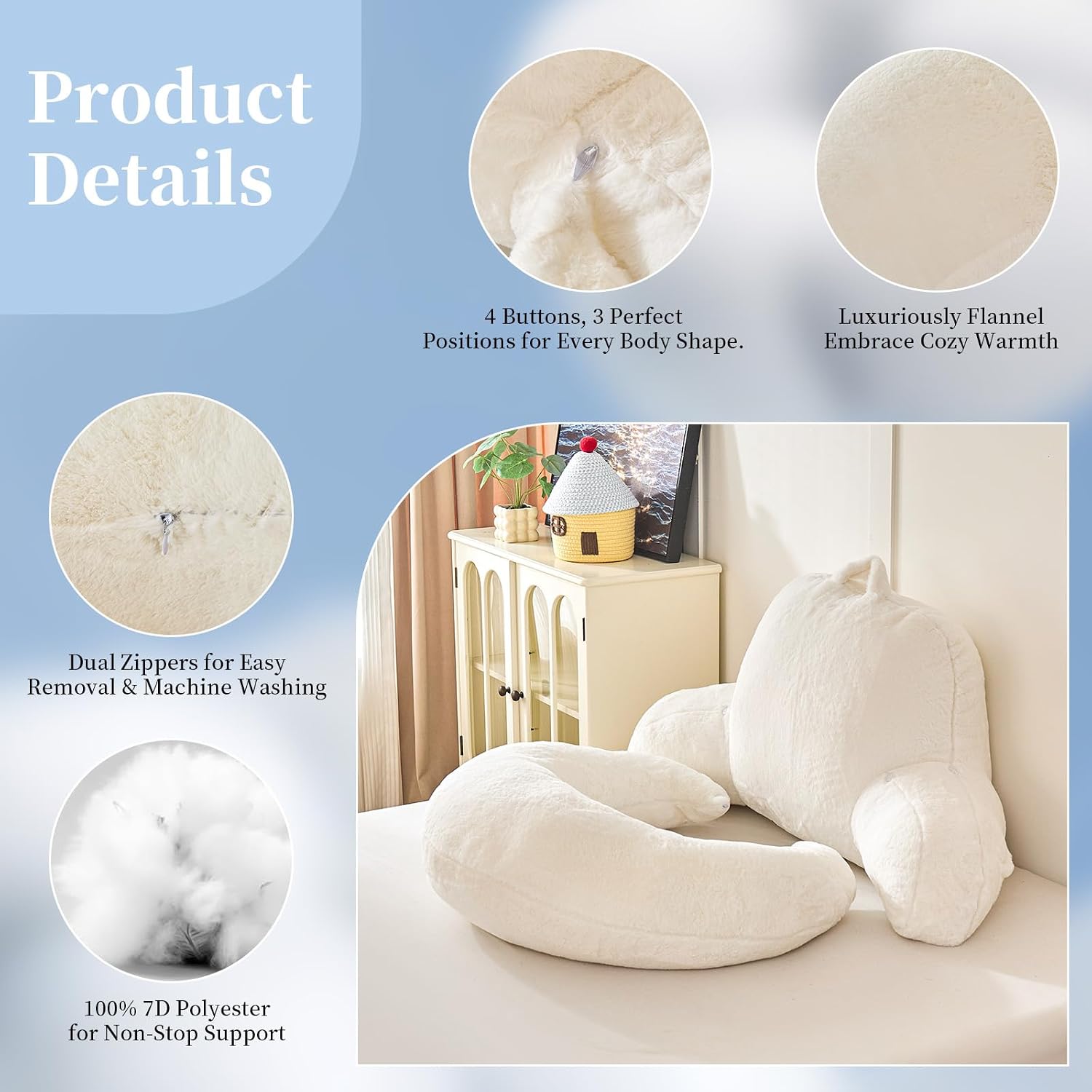 Pajeo 17" Faux Fur Reading Pillow for Bed with Arms, Cute Plush U Shaped Backrest Support Cushion for Kids, Teens, Compact Lap Pillow for Croc…