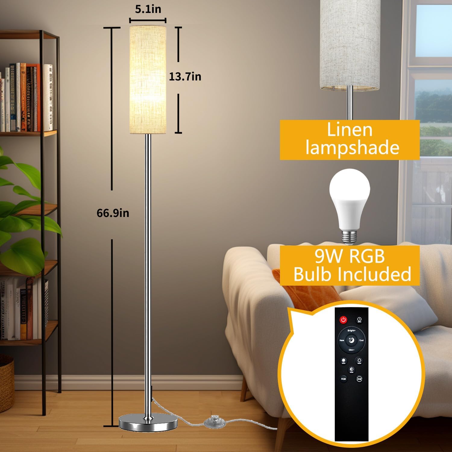 Qaubauyt Smart LED Floor Lamp with APP Control & RGB Colors - Dimmable Standing Lamp for Living Room, Bedroom, Gaming - Remote, Timer, 9W…