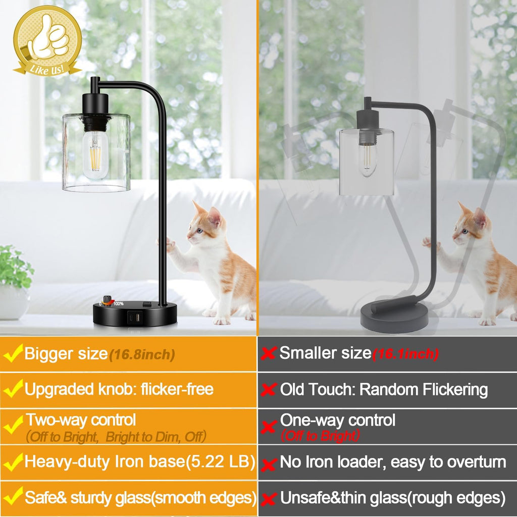 Set of 2 Industrial Table Lamps with USB C+A Ports and Outlet, Fully Stepless Dimmable Bedside Lamps for Bedrooms, Nightstand Desk Lamp…