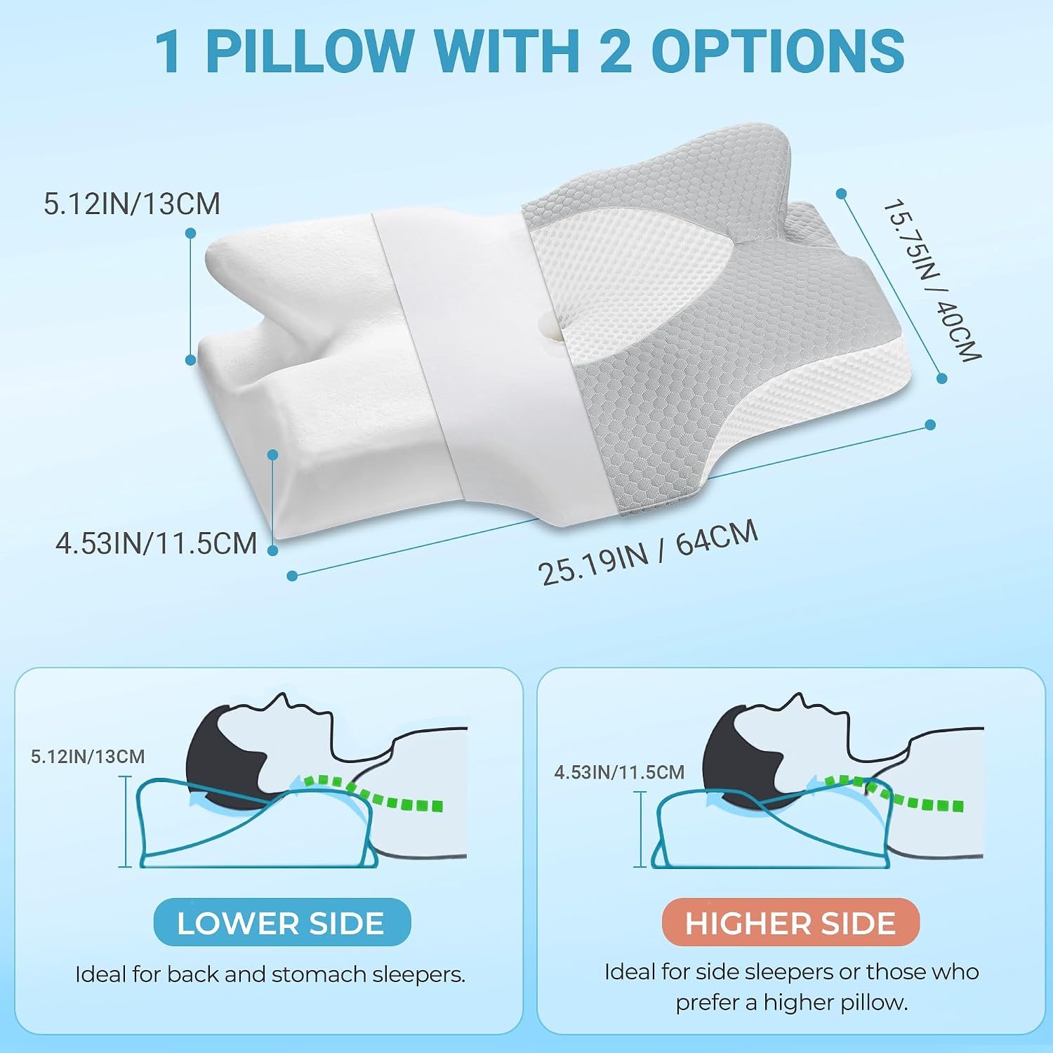 Elviros Cervical Memory Foam Pillow, 2 Pack Pillows for Neck and Shoulder Pain, Ergonomic Orthopedic Sleeping Neck Support Pillow for Side…