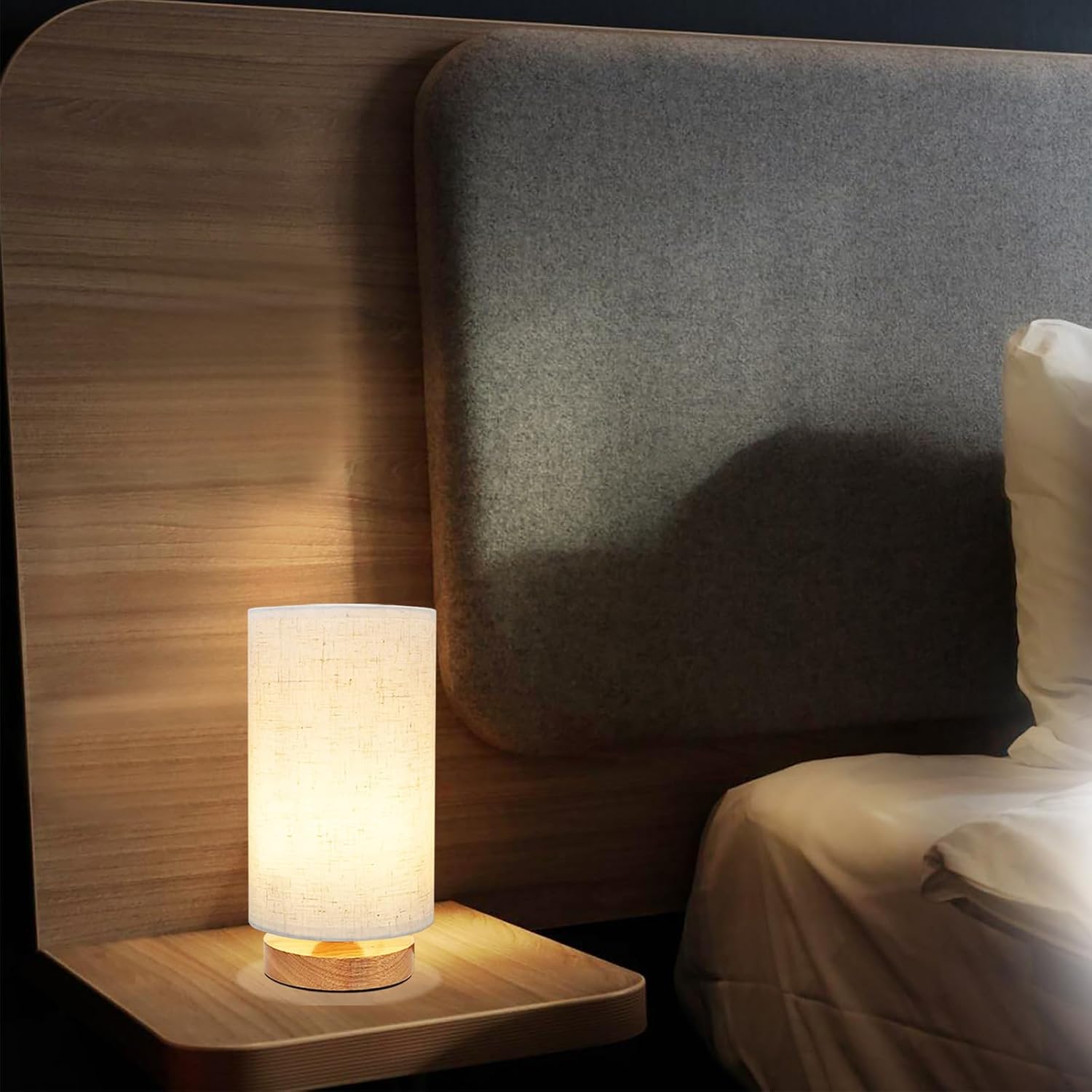 Small Bedside Table Lamp for Bedroom set of 2, Minimalist Wood Base & Round Fabric Shade, Mini Cute Cozy Warm Nightstand Boho Lamp set…