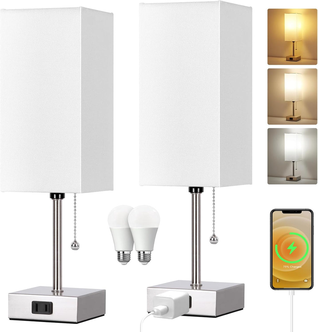 Dott Arts Touch Control Bedside Lamp, 3 Way Dimmable Nightstand Lamp with 2 USB Ports & AC Outlet, Modern Style, White Fabric Shade