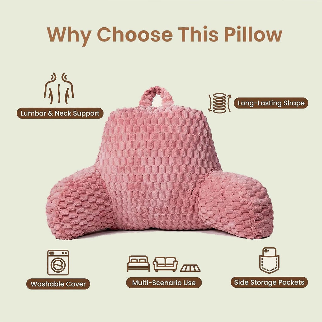 Faux Fur Reading Pillow for Bed Adults, Ultra Soft Plush Floor Backrest Pillow with Side Pockets for Bed & Couch, Perfect for Reading…