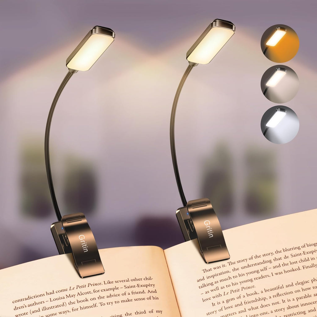 Gritin 2 Pack 9 LED Rechargeable Book Light for Reading in Bed -Eye Caring 3 Color Temperatures, Stepless Dimming Brightness, Small…