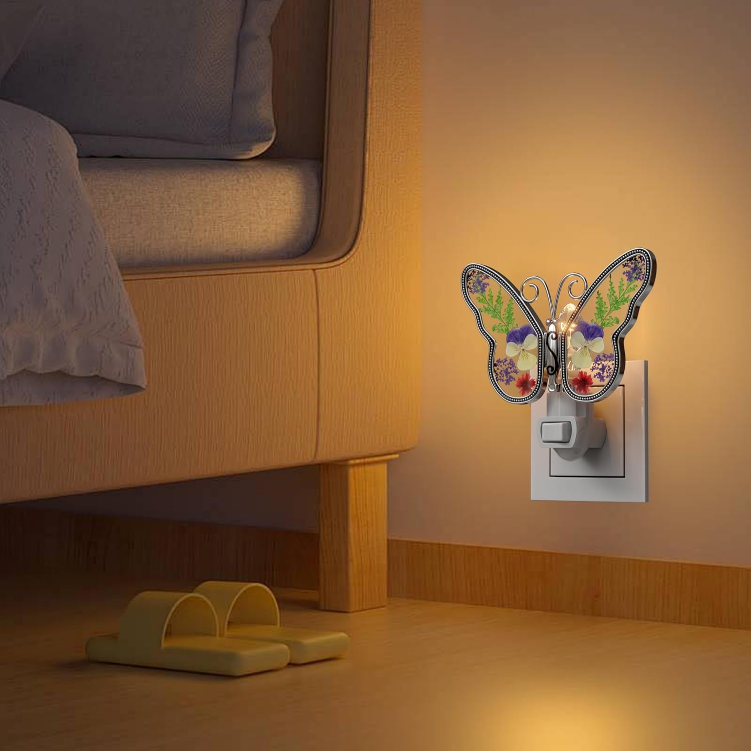 KY&BOSAM Butterfly Night Lights Plug into Wall 1-Pack 7W Plug in Night Light Dusk to Dawn 3000K Warm White Bright Real Flower+Metal…