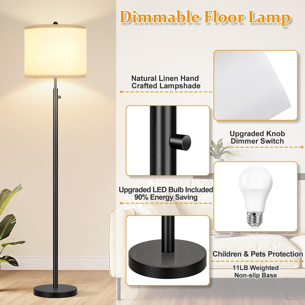 Nintiue 【Upgraded】 Dimmable Floor Lamp for Living Room, 11W LED Bulb Included, Modern Standing Lamp, Tall Pole Light with Linen Shade for…