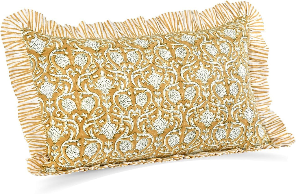 Cottonprintclub CPC Hand Block Print Mustard Regal Ruffle Sham Pillow Cover 20" x 12" inch Hidden Zipper Decorative Pillowcase for Couch, B…
