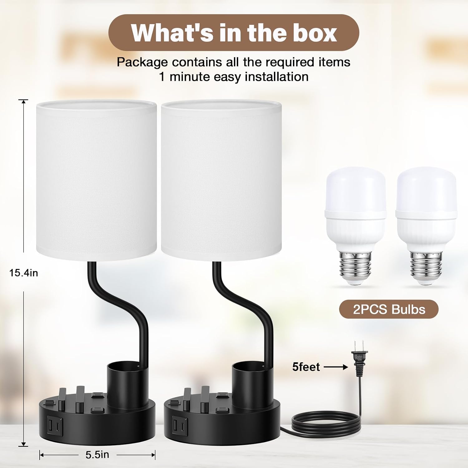White Bedside Table Lamps for Bedroom Set of 2 - Nightstand Light with AC Outlet and USB A & C for Charging, 3 Color Temperatures Desk…