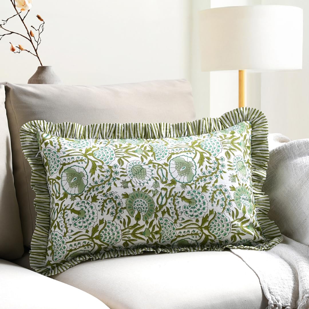 Cottonprintclub CPC Hand Block Print Agate Green Ruffle Sham Pillow Cover 20" x 12" inch Hidden Zipper Decorative Pillowcase for Couch, Bed…