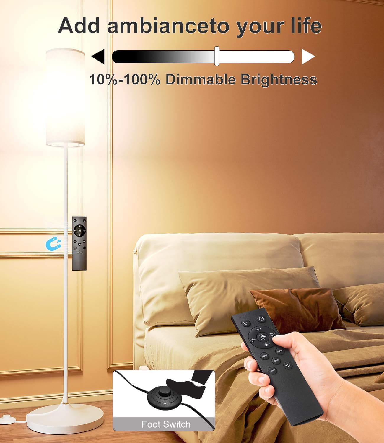 luckystyle LED Floor Lamp for Living Room, Dimmable Standing Lamps with Foot Switch, Remote Custom Color Temperature White Pole Lamp with…