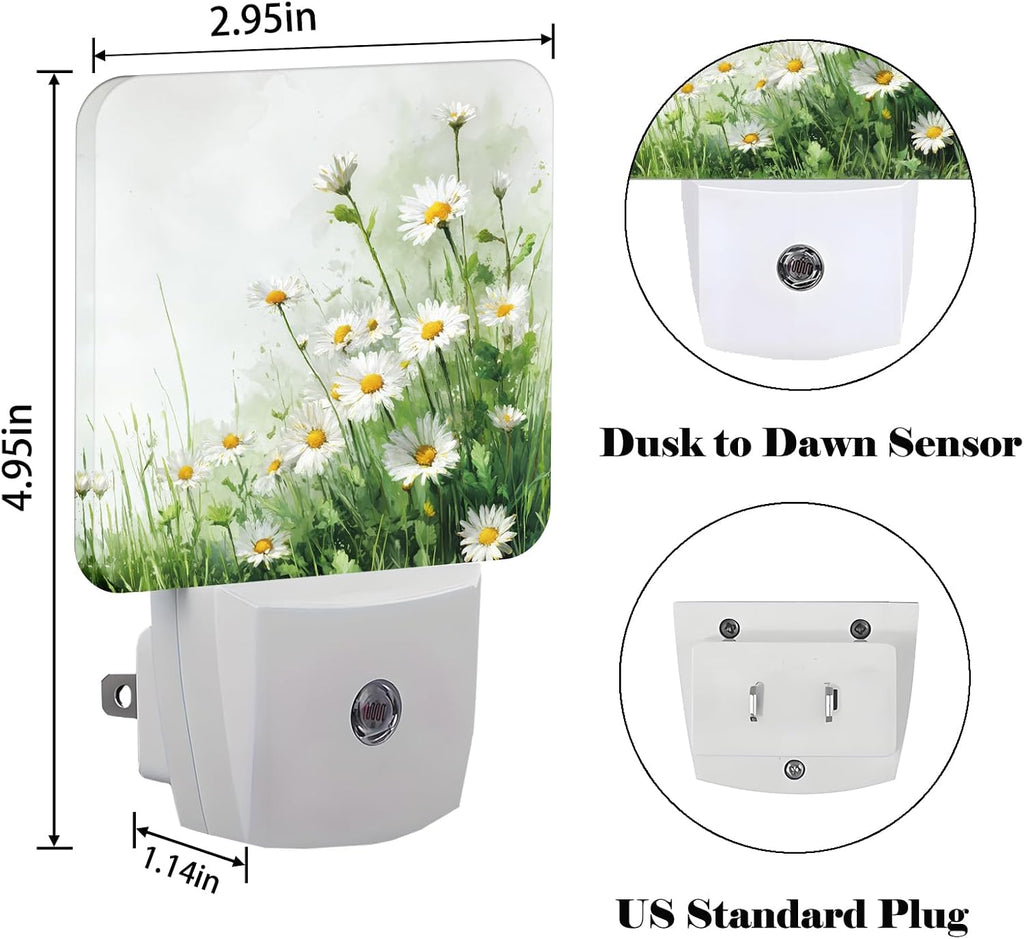 Flowers Night Light, Daisies Watercolor Plug Into Wall for Boys Girls Bedroom Decorative Square Night Light Lamp 0.5w Sleep Friendly