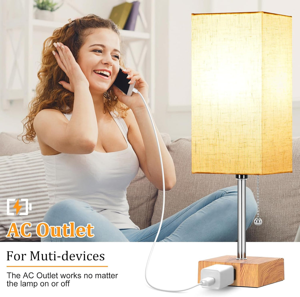 Table Lamp for Bedroom set of 2,3-Color Bedside Lamps with Pull Chain Table Lamps for Nightstand with AC Outlets, Small Night Light Lamps…