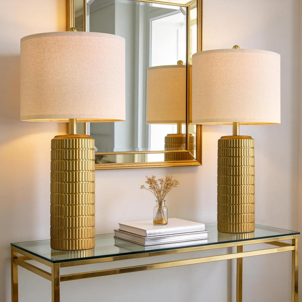 PoKat 27.5'' Tall Brass Gold Table Lamps Set of 2 for Living Room, Modern Table Lamps for Bedroom Night Stands, Retro Ceramic Bedside…