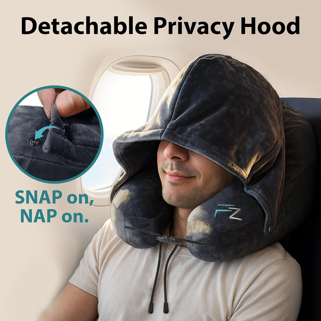 FLOWZOOM Air Inflatable Neck Pillow for Traveling on Plane - H-Shape Hooded Airplane Pillow with 5 Snooze Modes, Fast Inflation, Pressure…