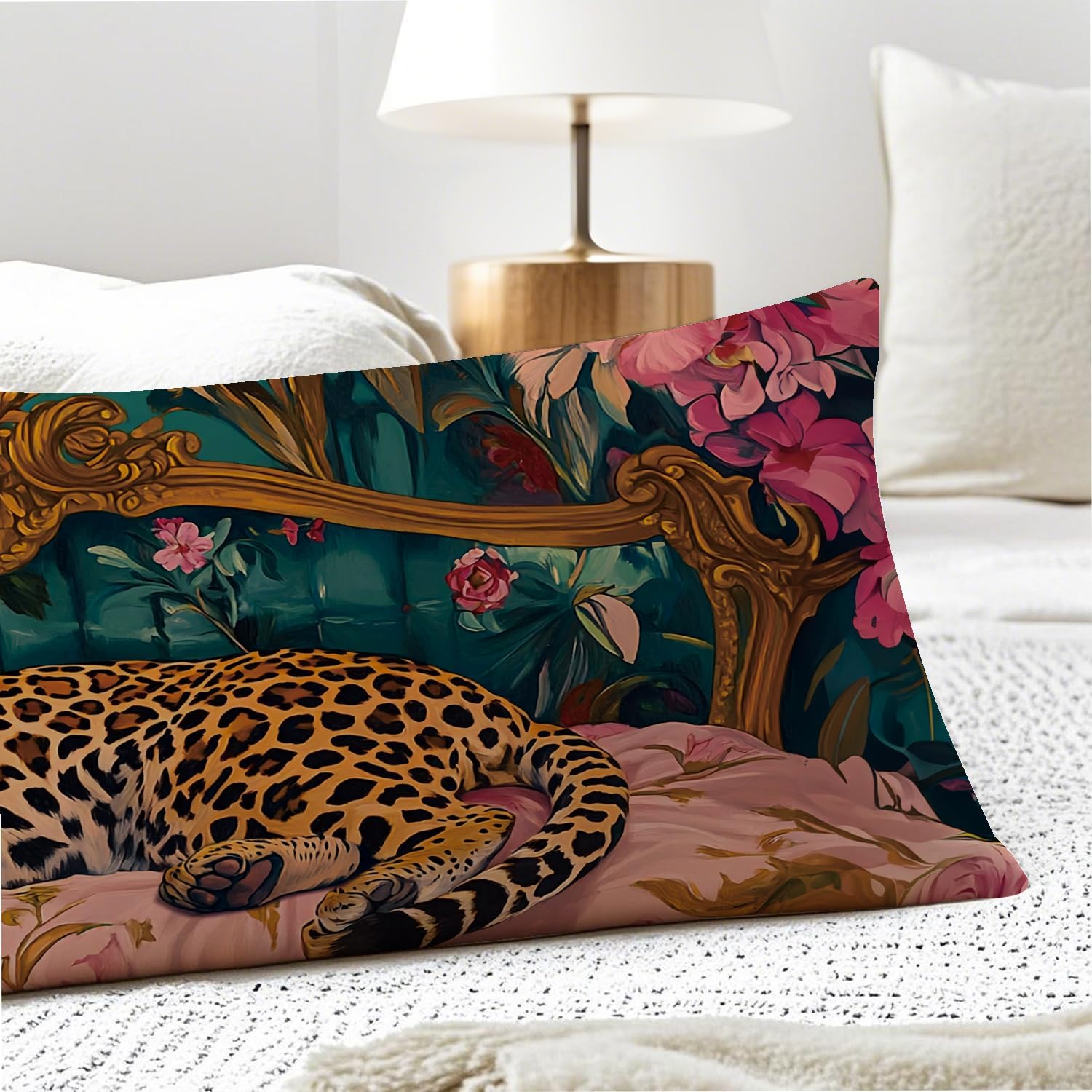 Vintage Leopard Floral 20x54 Body Pillow Cover, Cheetah Room Decor, Trendy Retro Sleepy Leopard Pink Flowers Decorative Long Body Pillow…