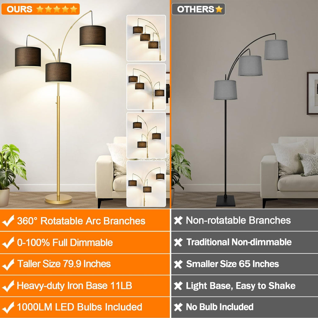 Nintiue Dimmable Floor Lamp - 3 Lights Gold Floor Lamps for Living Room with Black Shades & Heavy Base, Mid Century Tree Floor Lamp for…