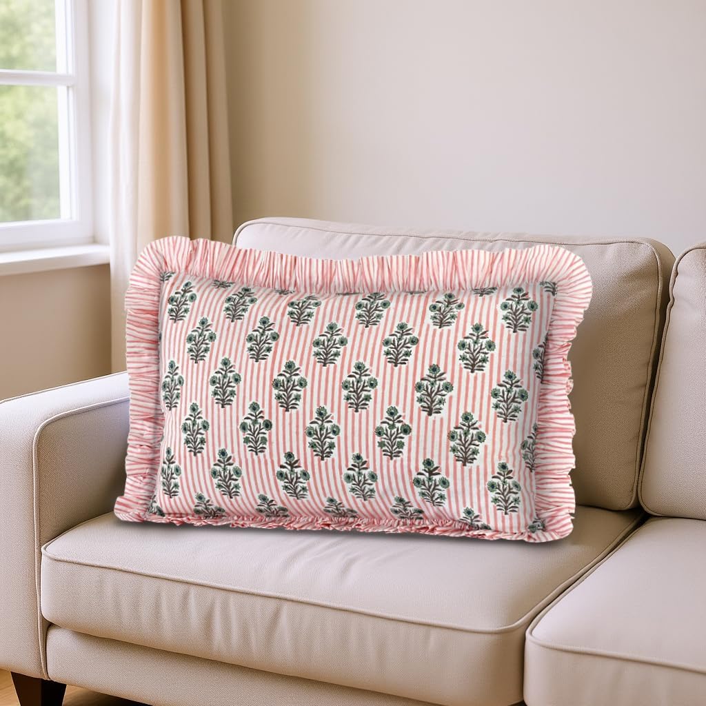 Ridhi Block Print Salmon Blossom 20"x12" Set 1-100% Cotton Ruffle Lumbar Sham Cover Boho Floral Pillowcase, Farmhouse Cottagecore…