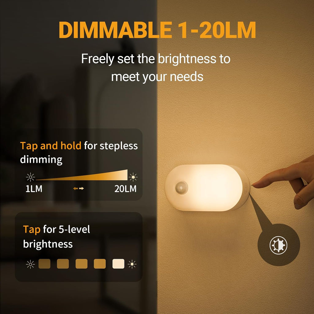 Lyridz Rechargeable Battery Night Light with Motion Sensor, Stick on Anywhere, 1-20LM Dimmable LED Nightlights for the Bedroom, Bathroom…
