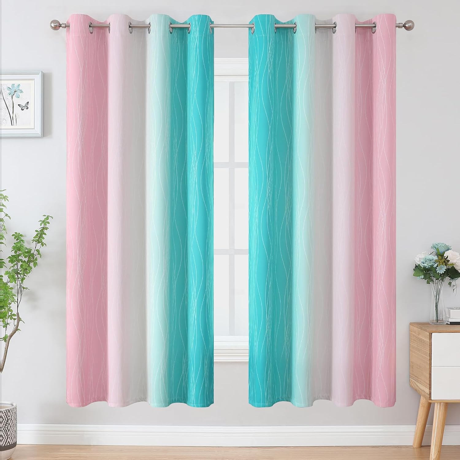 Estelartextiler Estelar Textiler Pink and Teal Blackout Curtains for Living Room, Full Room Darkening Grommet Ombre Curtains for Bedroom, T…