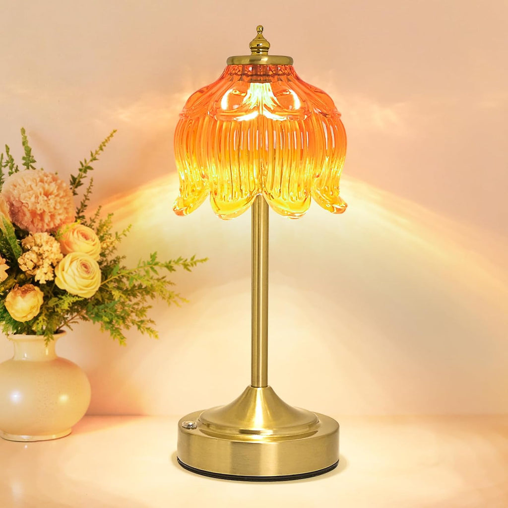 Crkwos Cordless Lotus Flower Table Lamp, 5200mAh Rechargeable Battery Operated Portable Lamp, 3-Color Dimmable Touch Control Small D…