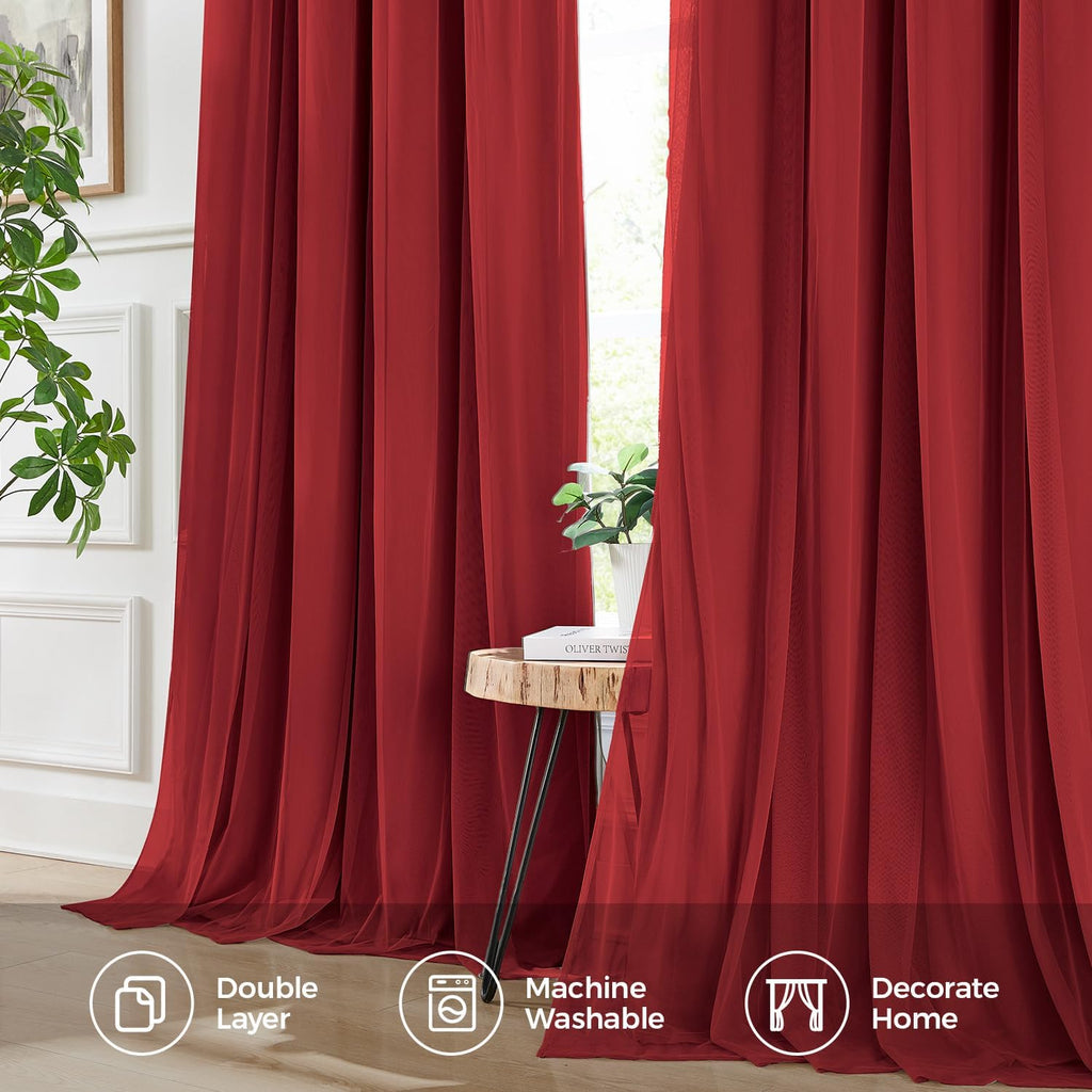 Swandream 100% Blackout Curtains for Bedroom, Double Layer Red Curtains, Black Out Curtain 84 inch Long with Sheer Overlay for Living Room,…