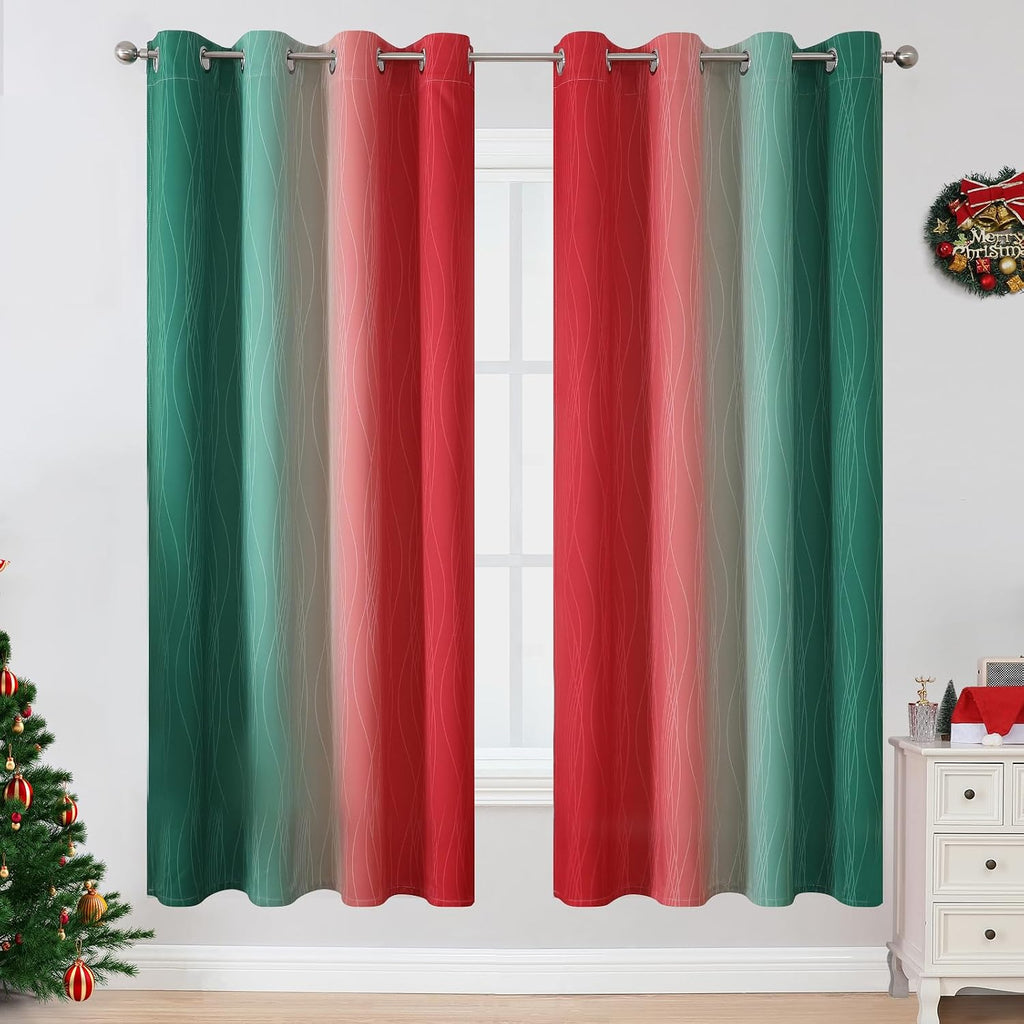 Estelartextiler Estelar Textiler Red and Green Blackout Curtains for Living Room, Full Room Darkening Grommet Ombre Christmas Curtains for…