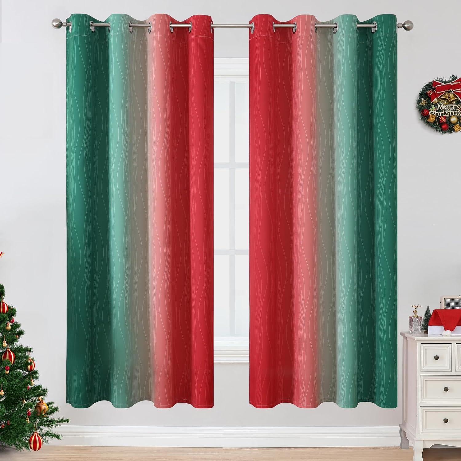 Estelartextiler Estelar Textiler Red and Green Blackout Curtains for Living Room, Full Room Darkening Grommet Ombre Christmas Curtains for…