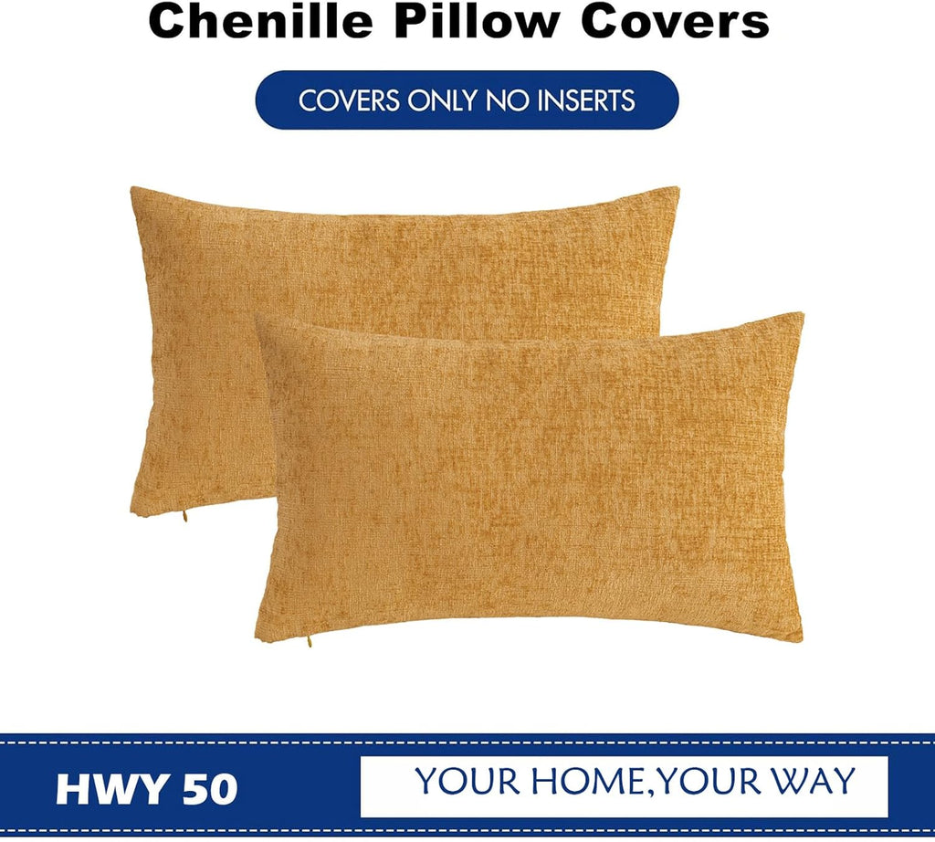 Hwy50 HWY 50 Gold Lumbar Pillow Covers 12x20 Inch Pack of 2, Soft Chenille Decorative Throw Pillow Covers Farmhouse for Couch Sofa Living R…