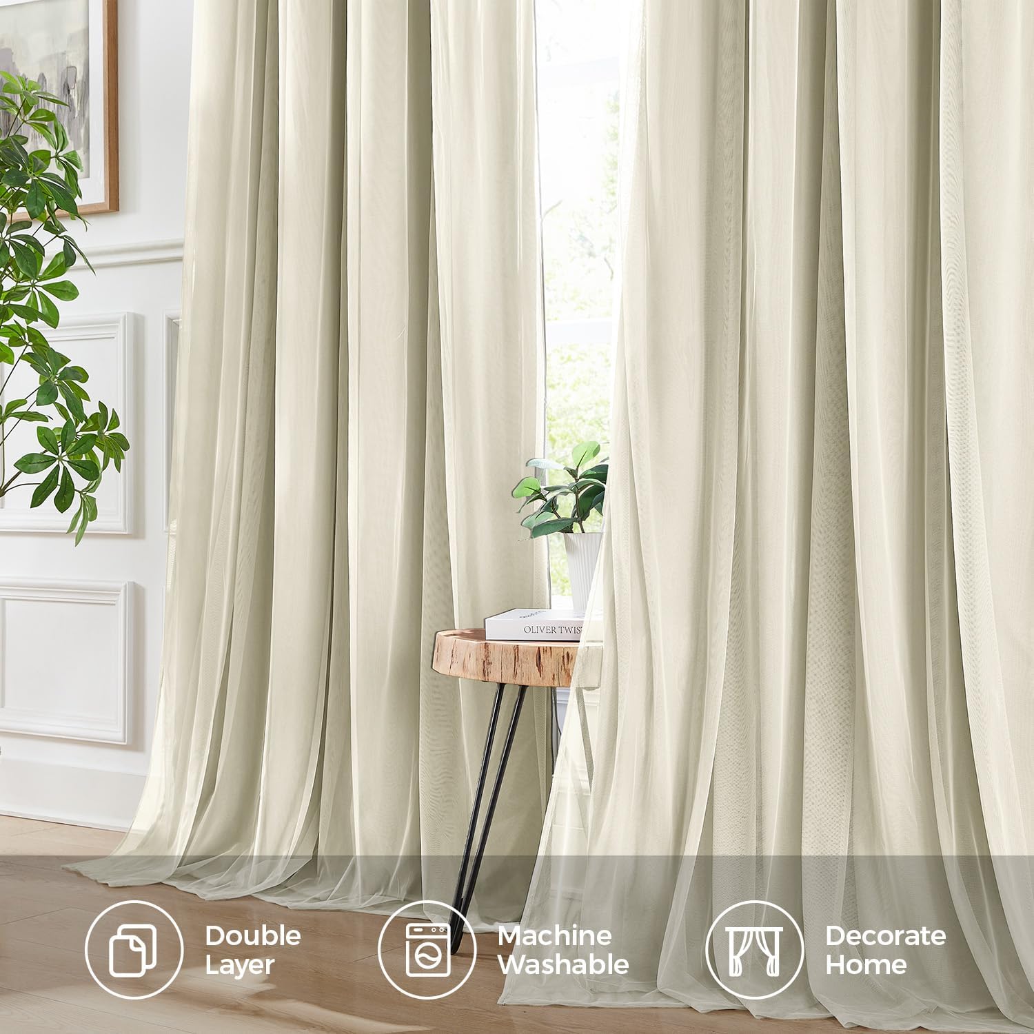 Swandream Blackout Curtains for Bedroom, Double Layer Beige Curtains, Black Out Curtain 84 inch Long with Sheer Overlay for Living Room, Ro…