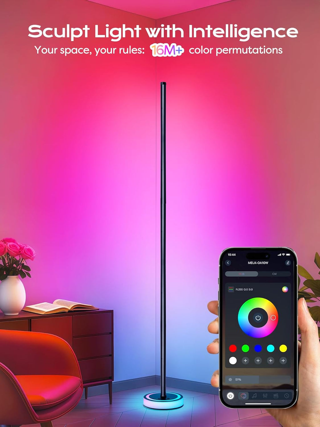Smart Corner Floor Lamp, RGBICW LED Standing Lamp with App Control, 16 Million Colors with Music Sync, Dimmable Ambient Light for…