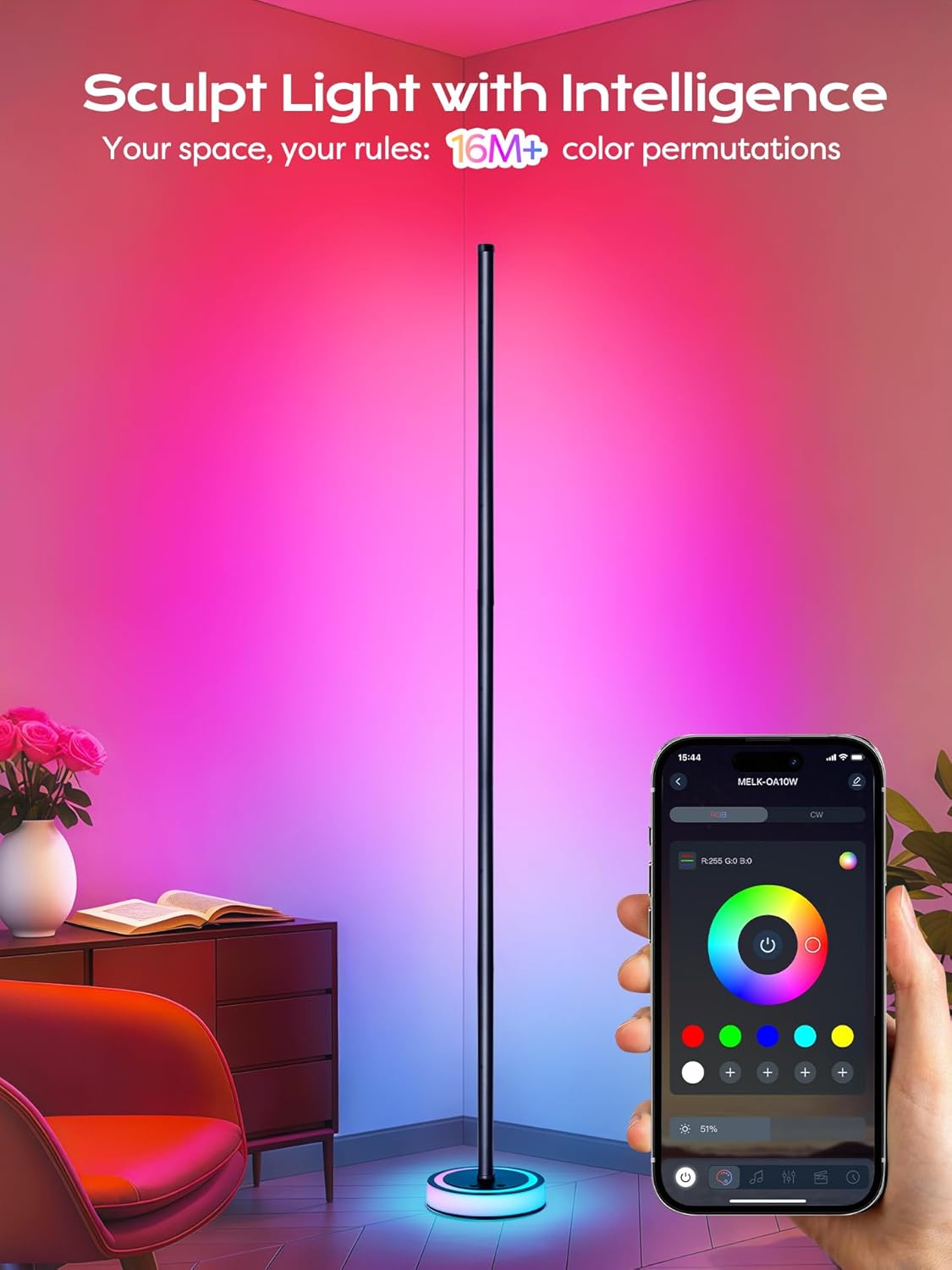 Smart Corner Floor Lamp, RGBICW LED Standing Lamp with App Control, 16 Million Colors with Music Sync, Dimmable Ambient Light for…