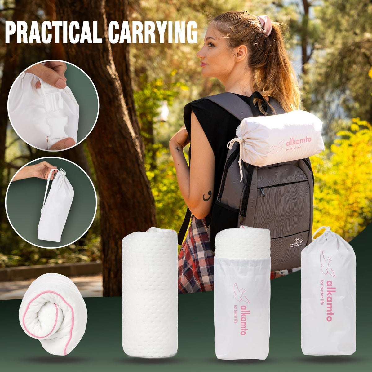 alkamto Travel & Camping Comfortable Memory Foam Pillow – Easy to Carry Portable Bag – Temperature Regulating Pillow Case (Pink + Extra…