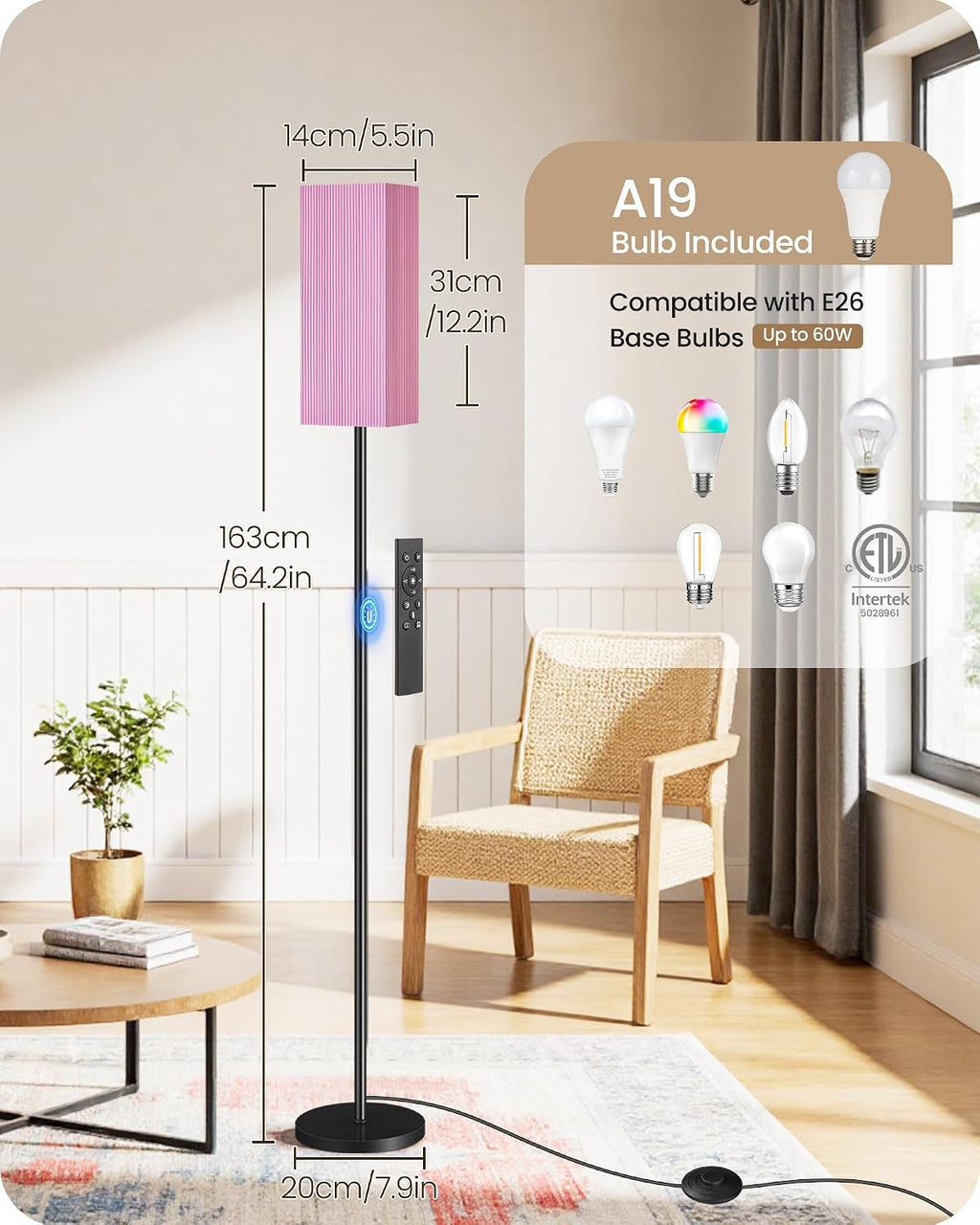 64.2” Dimmable Floor Lamp for Living Room with Remote and Foot Switch, Corner Floor Lamp for Bedroom, Includes 10W A19 Bulb, Modern…