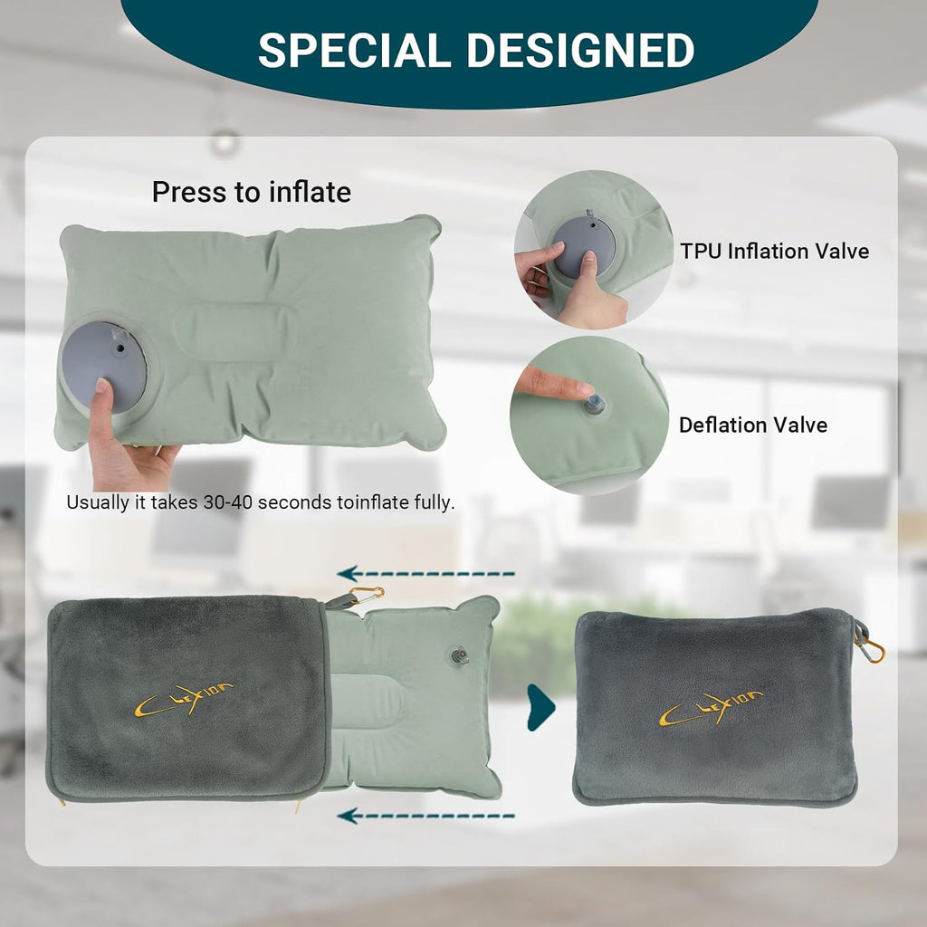 Travel Blanket and Pillow Set for Airplane, 300 GSM Soft Fleece Compact Travel Blanket with Inflatable Pillow and Carry Bag, 60x43…