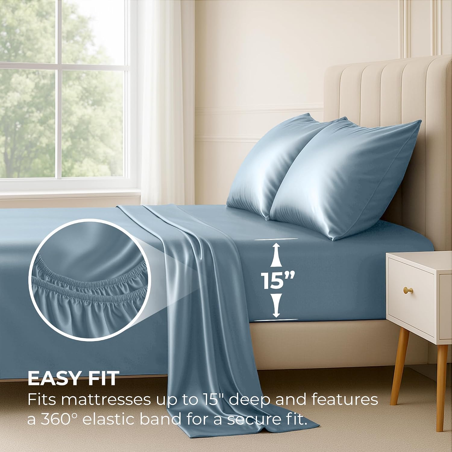 PureBedding Satin Sheets Full [4-Piece, Skyblue] Hotel Luxury Silky Bed Sheets - Extra Soft 1800 Microfiber Sheet Set, Wrinkle, Fade, Stain…