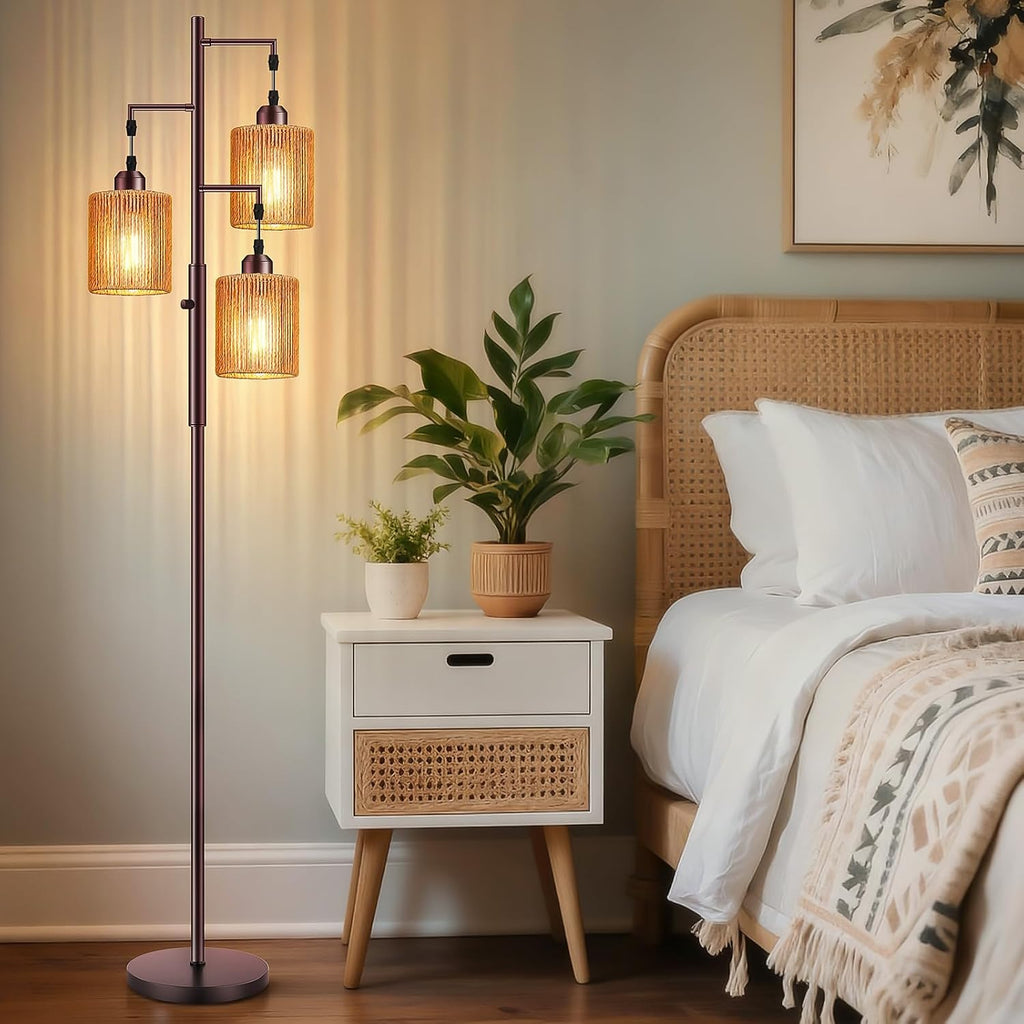 Hotsonic 72" Tall Boho Rattan Style Floor Lamp with Hand-Woven Paper Cord Shade, Dimmable Industrial Tree Standing Lamp for Living Room…