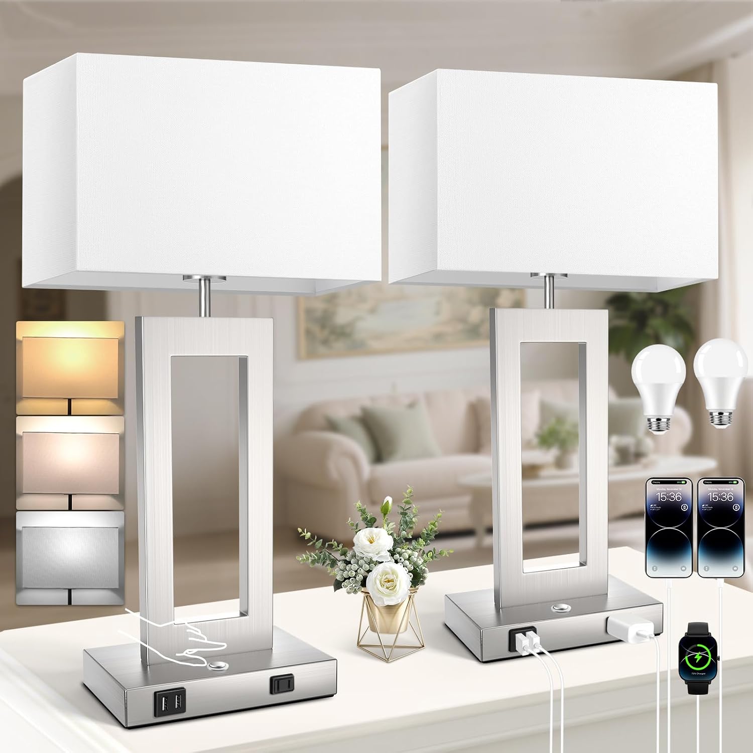 Table Lamps for Bedrooms Set of 2, 27.2’’ Tall Modern Silver Lamps for Living Room Nightstand, Touch Control Bedside Lamps with 2 USB…