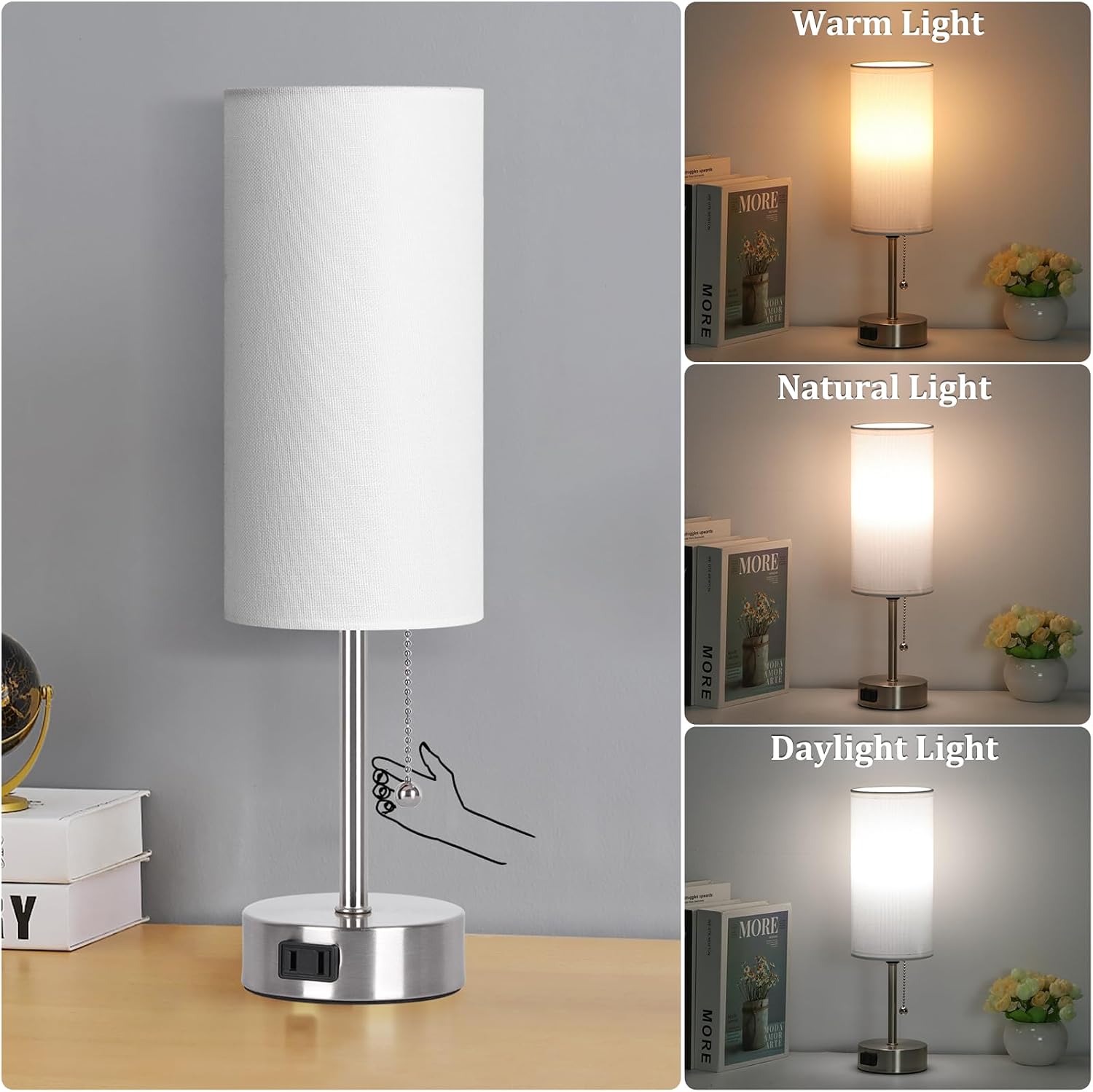 Dott Arts Table Lamp for Bedroom, 3-Color Bedside Lamps with Pull Chain, Bedroom Table Lamps for Nightstand, AC Outlet Small Lamp for…