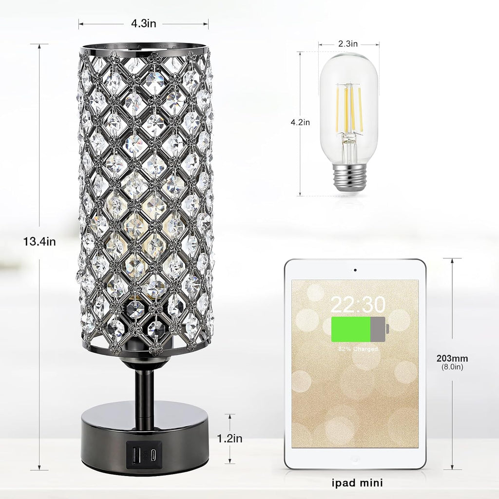 Hong-in Crystal Table Lamp, Black Lamp with USB C+A Ports, 3 Way Dimmable Light with Crystal Lampshade, Bedside Lamp Small Touch Light for…