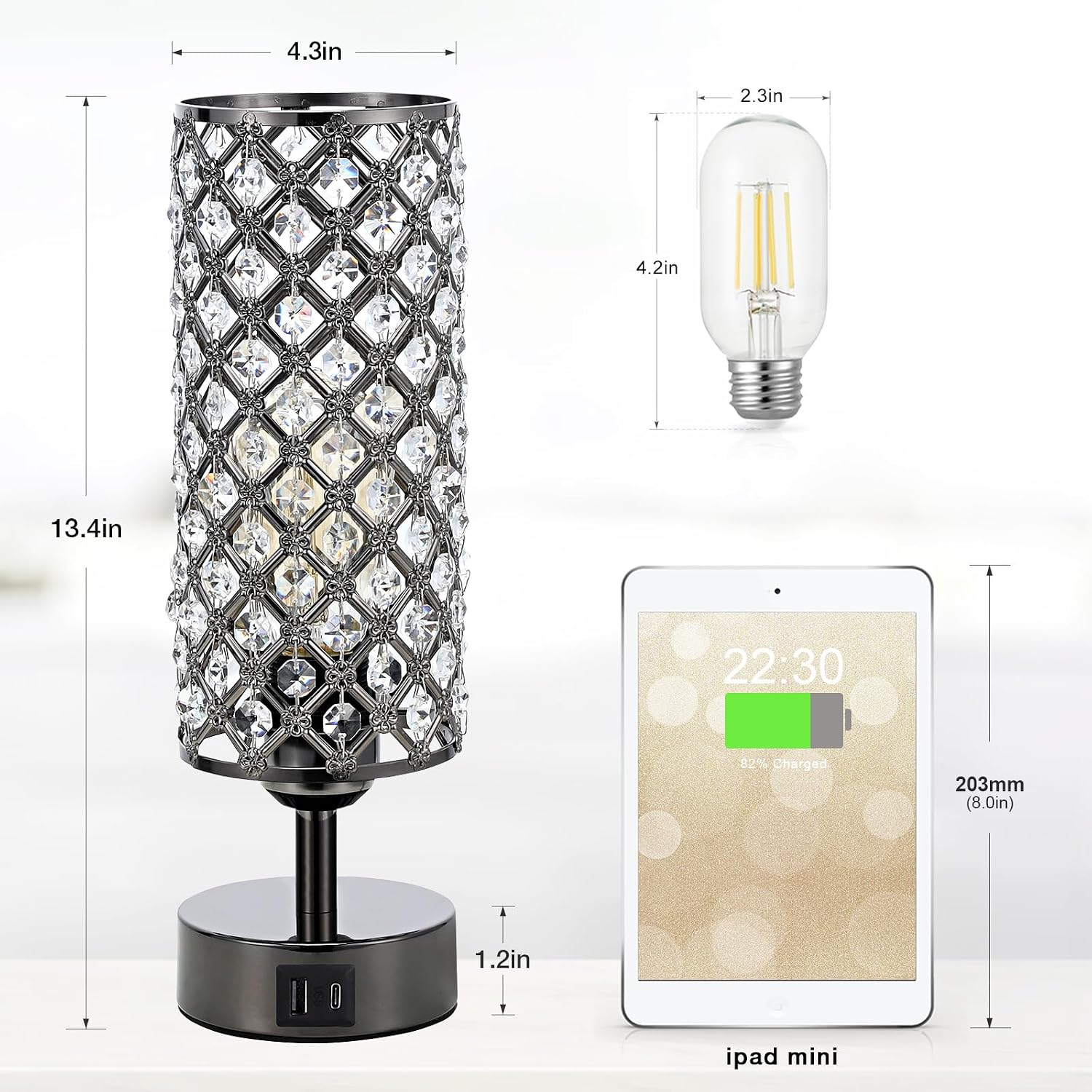 Hong-in Crystal Table Lamp, Black Lamp with USB C+A Ports, 3 Way Dimmable Light with Crystal Lampshade, Bedside Lamp Small Touch Light for…