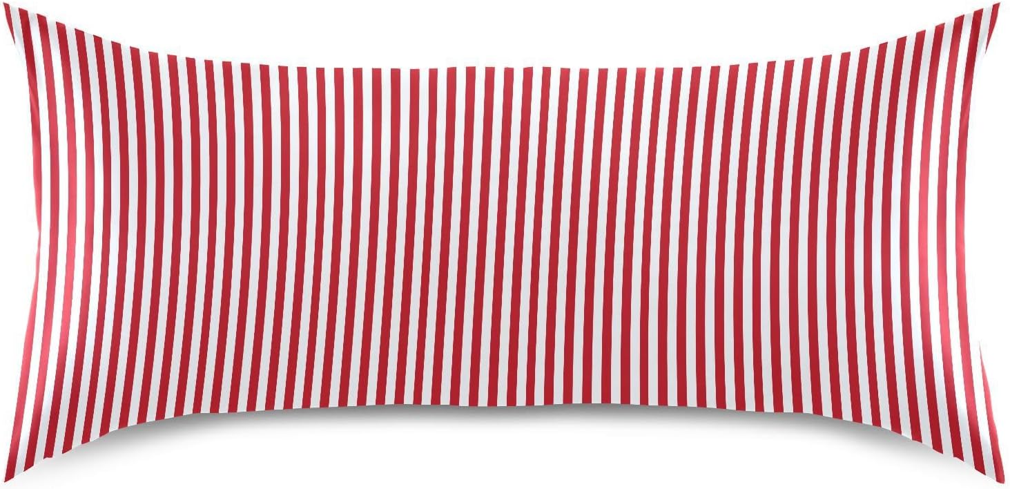 Stripe Red White Print Pillow Covers Silk Pillowcase for Hair and Skin Breathable Smooth Soft Satin Pillowcase Queen Size Pillow Case for…