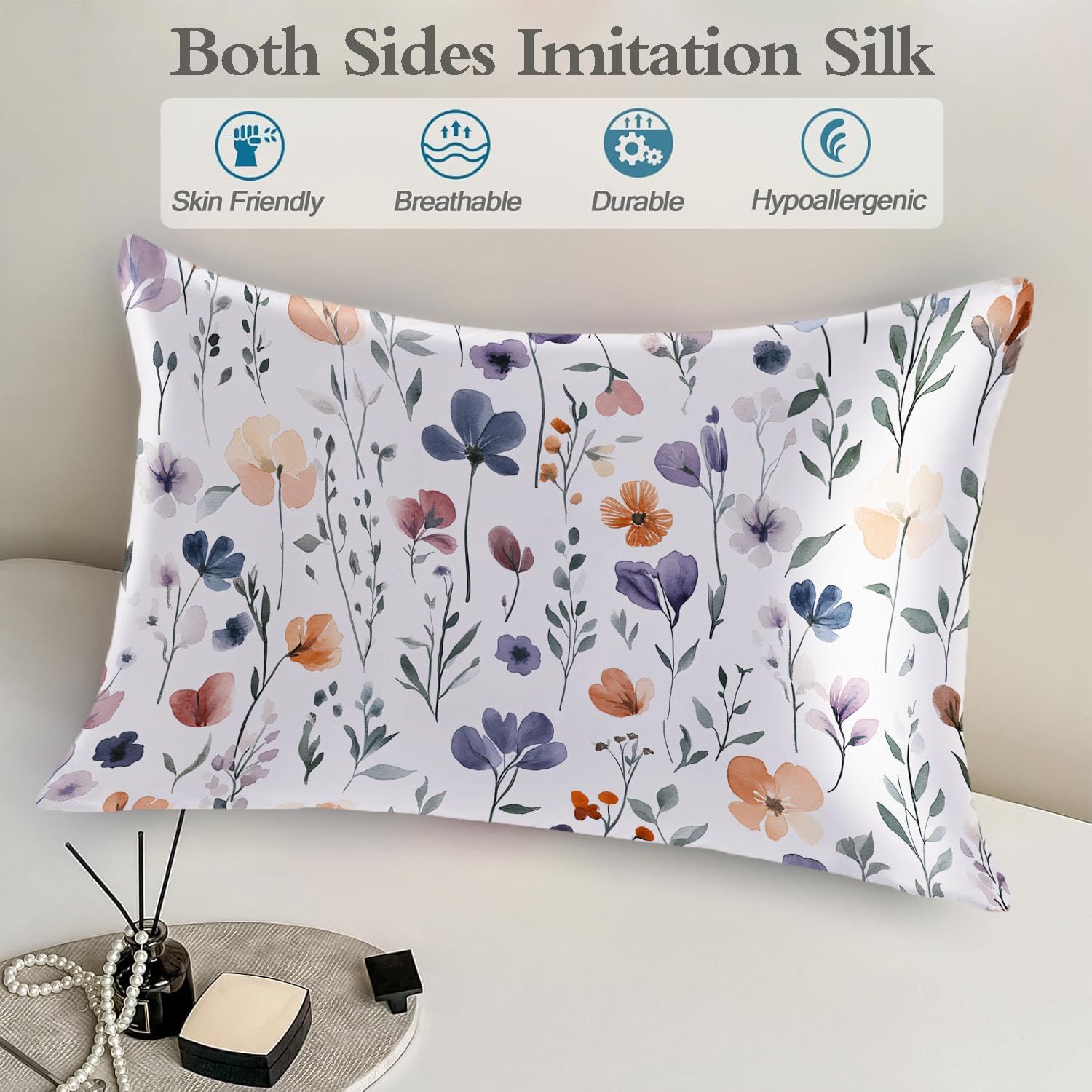 Satin Pillowcase for Hair and Skin Watercolor Floral Green Leaves Super Soft and Cooling Similar to Silk Pillow Case 1 Pack with Hidden…