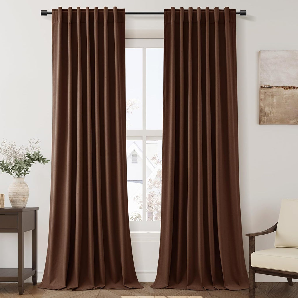 Nanspring Rustic Brown 100% Blackout Linen Curtains 108 Inches Long for Bedroom Back Tab Thermal Insulated Rustic Farmhouse Decor Black Out…
