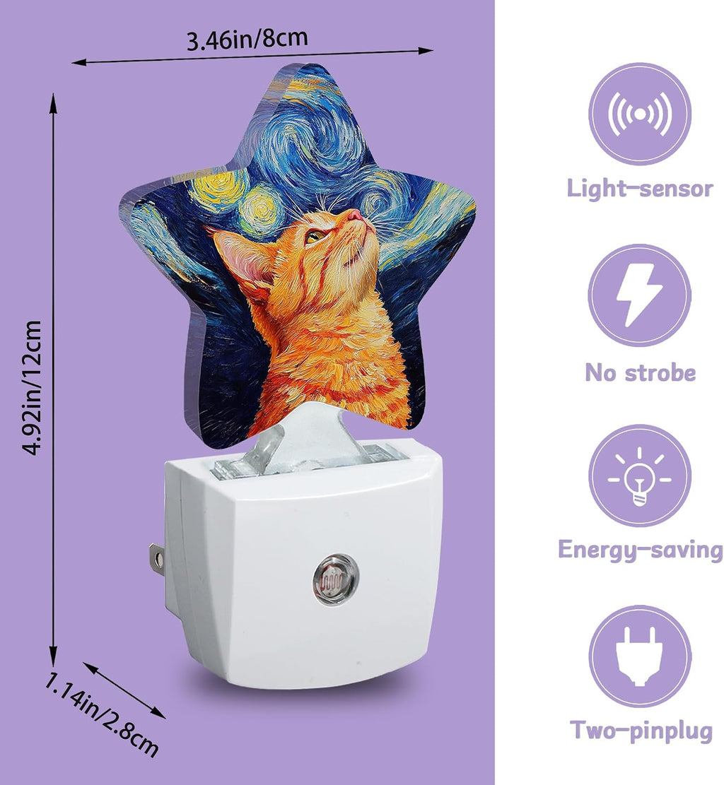 Cat Starry Night Night Lights Plug Into Wall Decorative, Oil Painting Nightlight with Dusk Sensor for Bathroom, Kitchen, Entryway, Room…