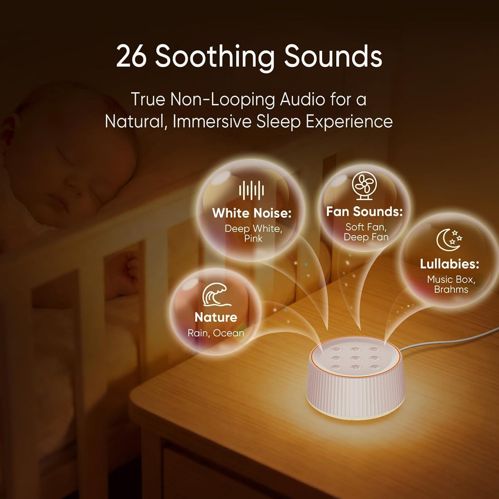 Kipcush® Noise Machine, White Noise Sound Machine for Baby & Adults, 26 Soothing Sounds, 8 Night Light Colors, Tap Control