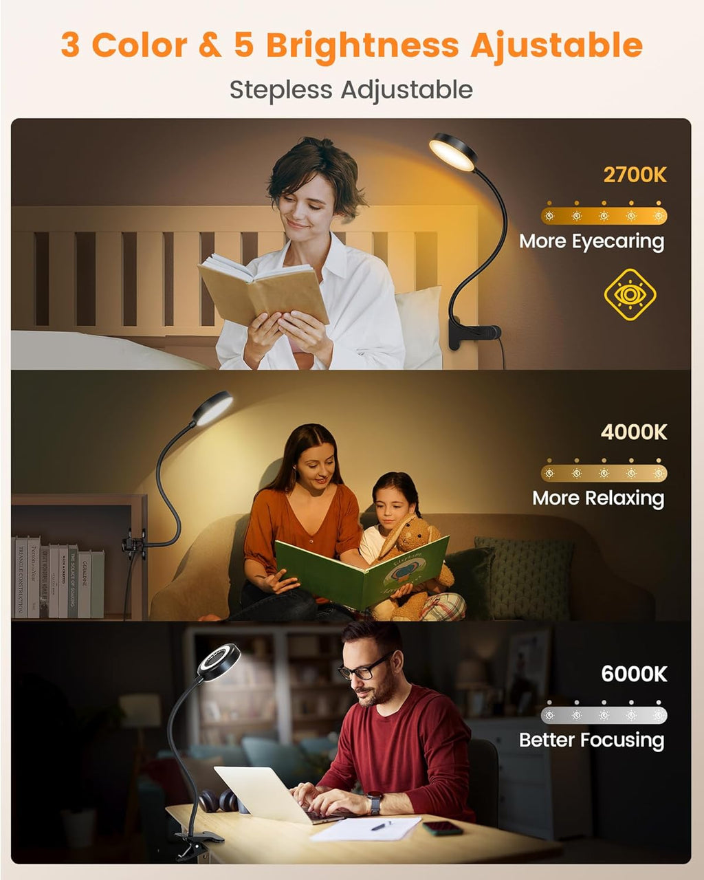 Glocusent Clip on Light, 72 LEDs Clip on Lamp with Amber Night Light, 3 Colors & 5 Brightness Bed Lamp, 30/60-Min Auto Off Timer, Perfect…